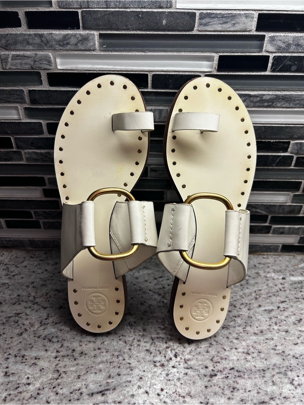 Tory Burch Cream Leather Ring-Accent Slide Sandals size 9.5